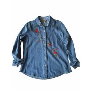White Stag Cardinal Embroidered Denim Button Down Shirt Women’s M Cottagecore